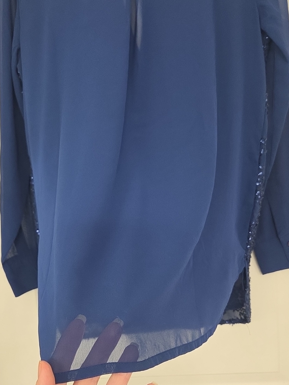 Beautiful Blue Beaded Top By Chicos. V Neck With Sheer Arms & Back, Front Lined. - Picture 7 of 11